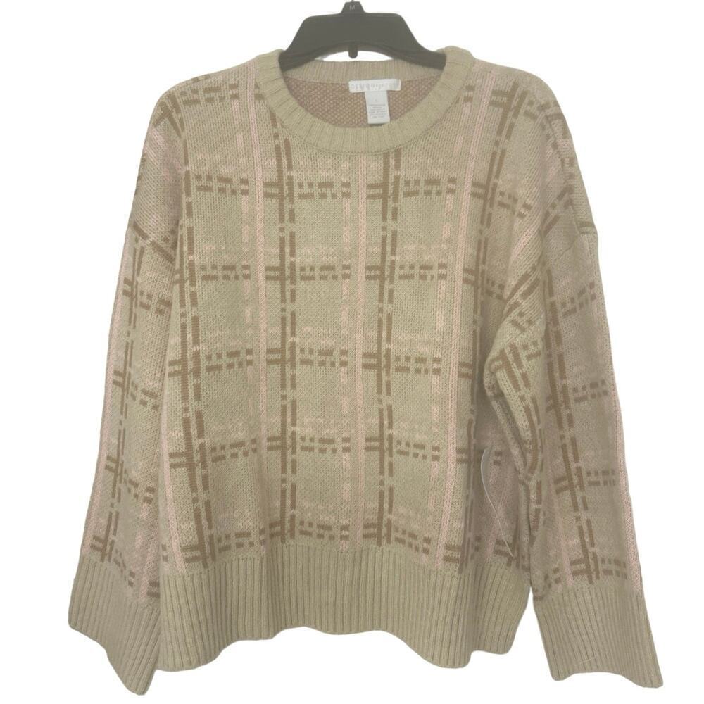 DESIGN HISTORY NWT Tan and Pink Plaid Crewneck Sweater L Academia Preppy Country